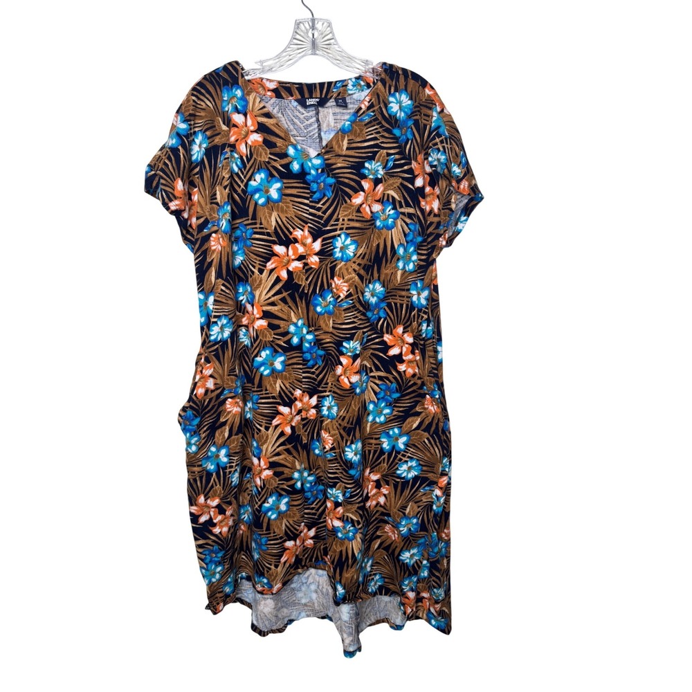 Lands End Womens Tropical Floral V-Neck Pockets Dress Blue Orange‎ Medium 10-12